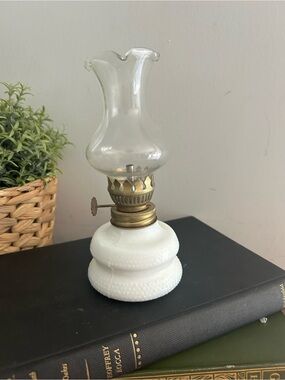 Mini Small White Milk Glass Hob Knob textured Glass Oil Lamp Hurricane top 6.5”H